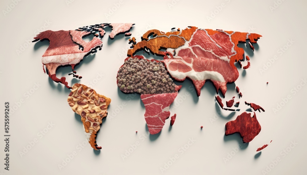 World Map of meat eaters Various Kinds of Meat on White Background