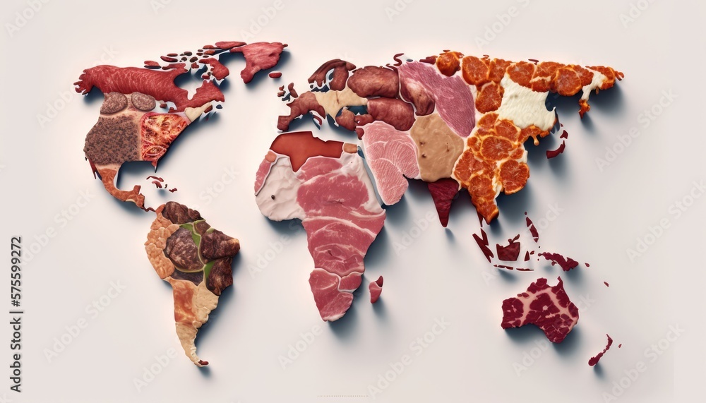 World Map of meat eaters Various Kinds of Meat on White Background