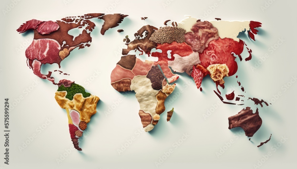 World Map of meat eaters Various Kinds of Meat on White Background