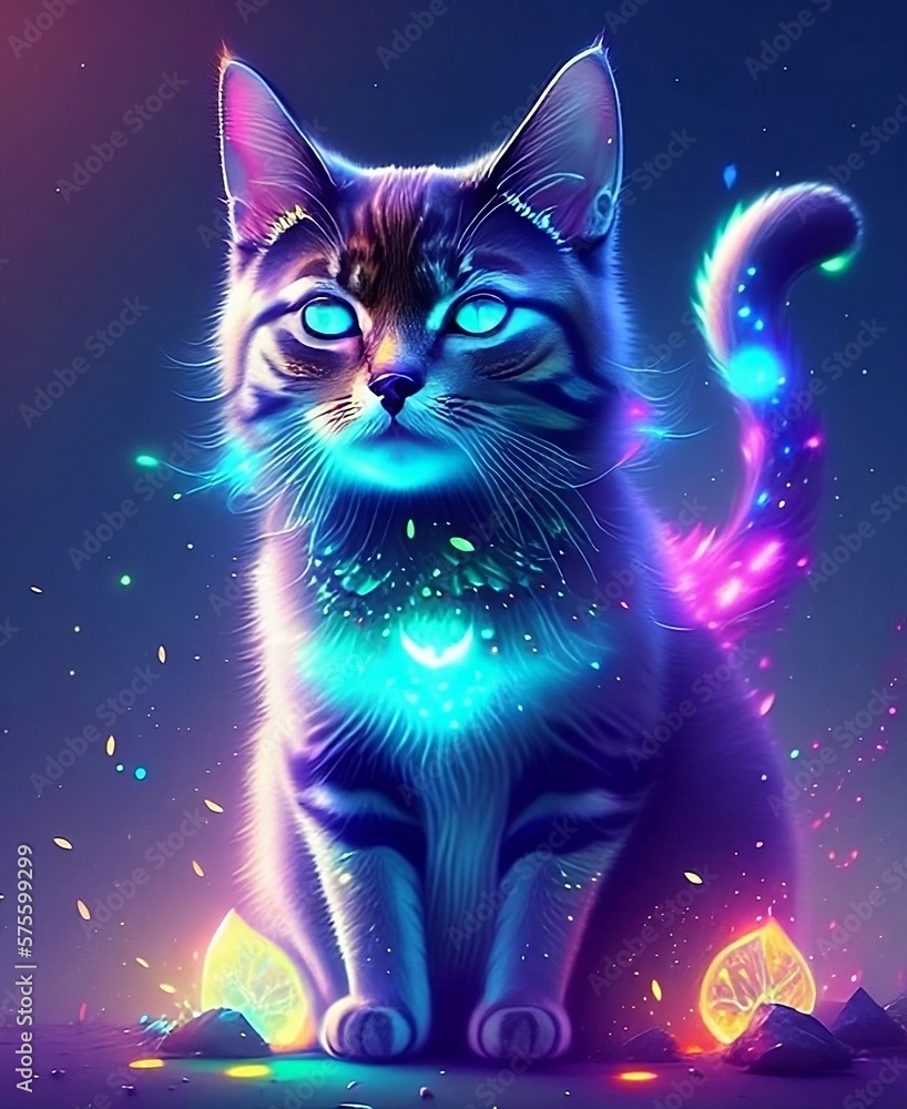 Glowing colorful magical cat, generative AI 