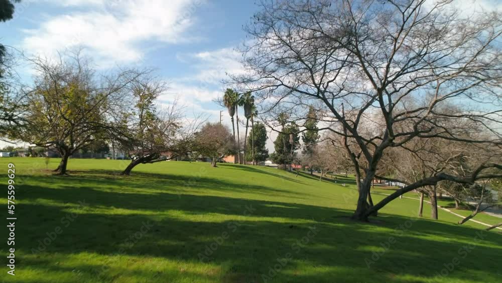 Aerial: Drone Forward Shot Of Green Landscape With Trees Under Cloudy Sky On Sunny Day - Los Angeles, California Aerial: Drone Forward Shot Of Green Landscape With Trees Under Cloudy Sky On Sunny Day - Los Angeles, California