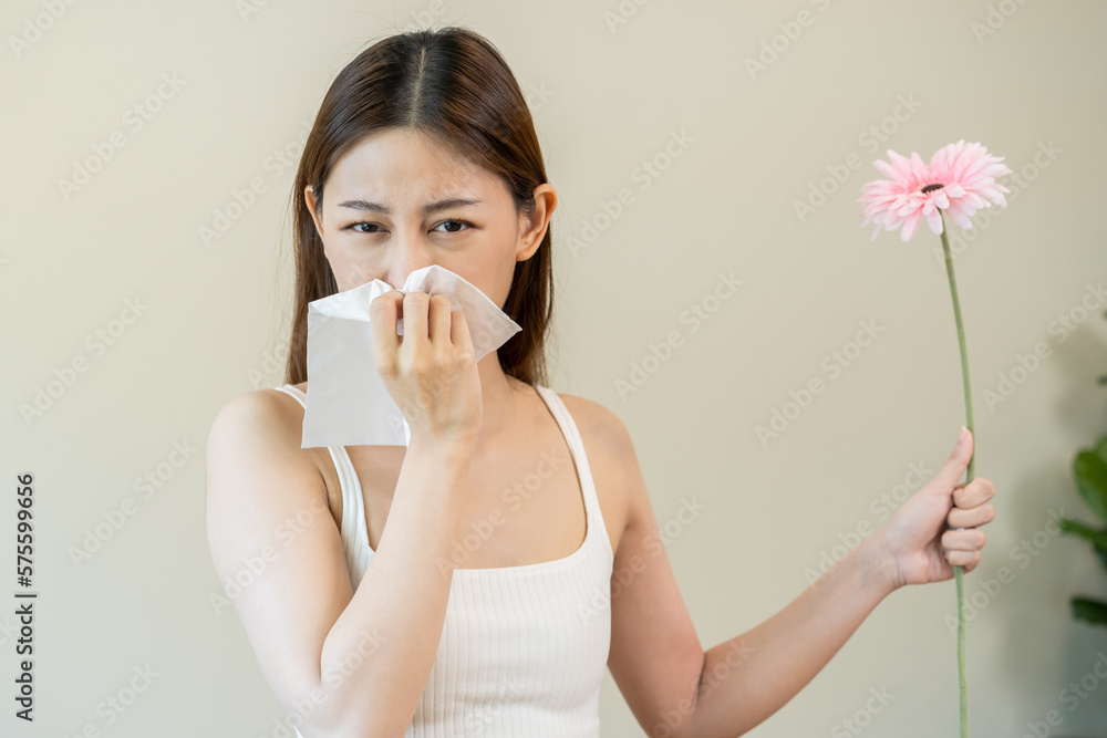 Allergic rhinitis symptom of odor pollen flowering, portrait asian