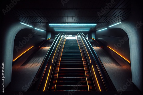 Generative AI illustration of underground escalator with neon illumination, dynamic lights, upward movement, stairs
