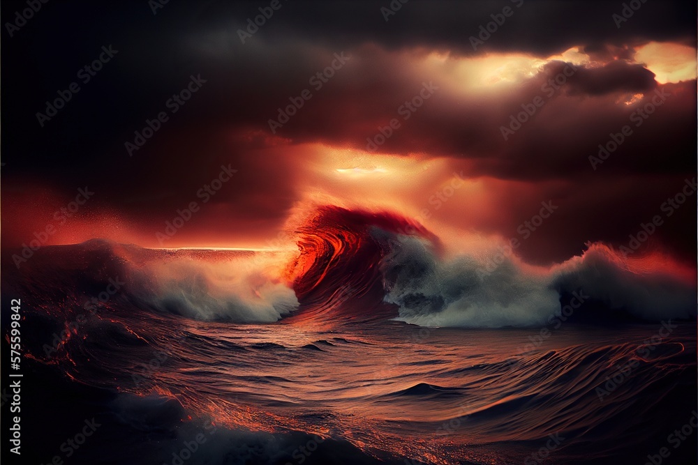 Fototapeta premium Generative AI illustration of stormy ocean, gold and red tones, dramatic