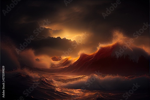 Generative AI illustration of stormy ocean  gold and red tones  dramatic