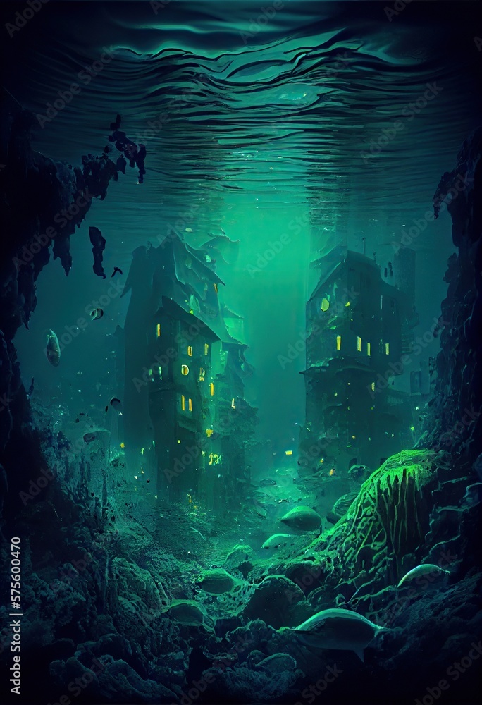 Generative AI illustration of bio luminescent city under water