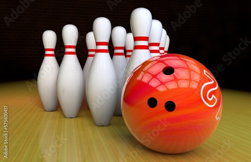 A group of bowling pins stands near a bowling ball on a lane 3D render