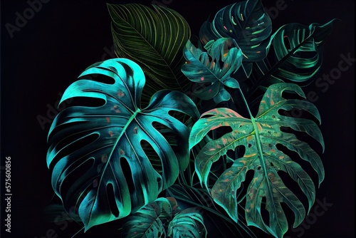 Generative AI illustration of Dark green tropical leaves colorful neon light, backlight, leaves composition, plant background, manstera, palm leaves photo