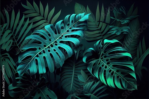 Generative AI illustration of Dark green tropical leaves colorful neon light, backlight, leaves composition, plant background, manstera, palm leaves