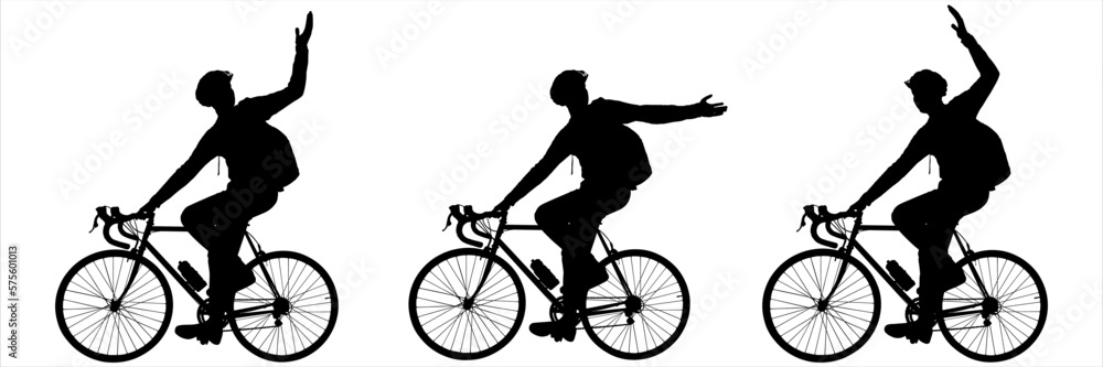 Fototapeta premium A guy in a protective helmet, with a large backpack on his back, rides a bicycle. A group of cyclists. A man on a bicycle raised his hand, greeting, calling, and invite to catch up. Side view.