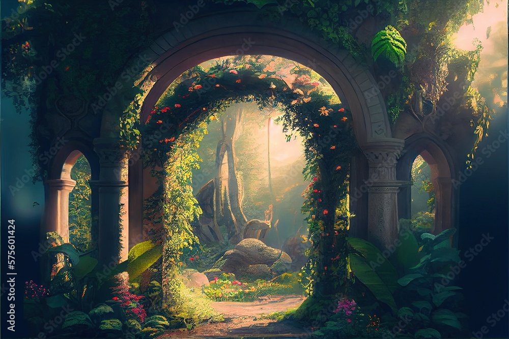 Generative AI illustration of unreal fantasy landscape with trees and flowers. Sunlight, shadows, creepers and an arch. Garden of Eden, exotic fairytale fantasy forest, Green oasis.