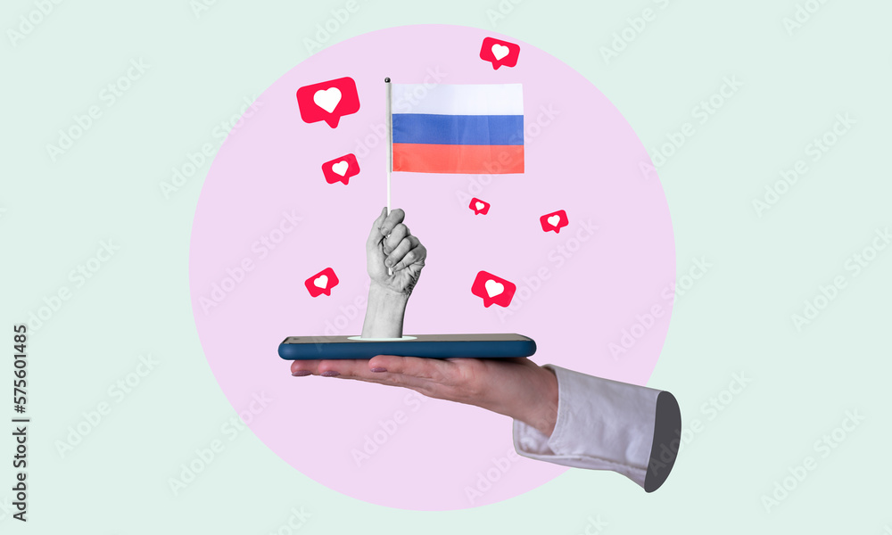Art collage, a woman's hand comes out of the phone with the Russian flag, on a light background. Art collage, a woman's hand comes out of the phone with the Russian flag, on a light background.