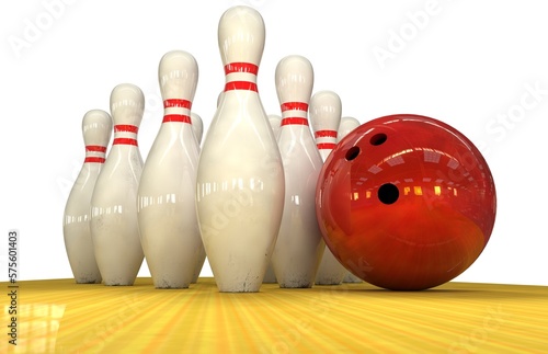 A group of bowling pins stands near a bowling ball on a lane 3D render