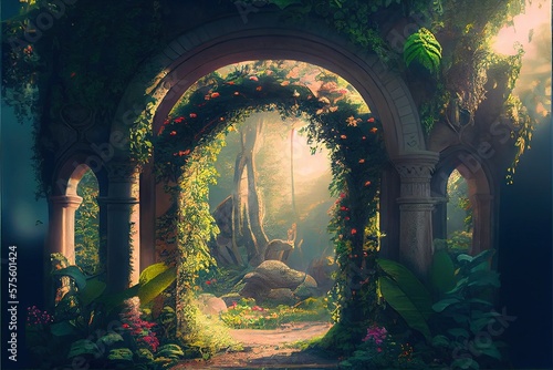 Generative AI illustration of unreal fantasy landscape with trees and flowers. Sunlight  shadows  creepers and an arch. Garden of Eden  exotic fairytale fantasy forest  Green oasis.