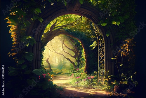 Generative AI illustration of unreal fantasy landscape with trees and flowers. Sunlight  shadows  creepers and an arch. Garden of Eden  exotic fairytale fantasy forest  Green oasis.