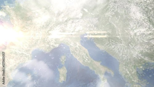 Earth zoom in from outer space to city. Zooming on Imola, Bologna, Italy. The animation continues by zoom out through clouds and atmosphere into space. Images from NASA