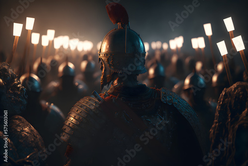 A Roman legion was a large military unit of the Roman army preparing for battle at night. Neural network AI generated art photo