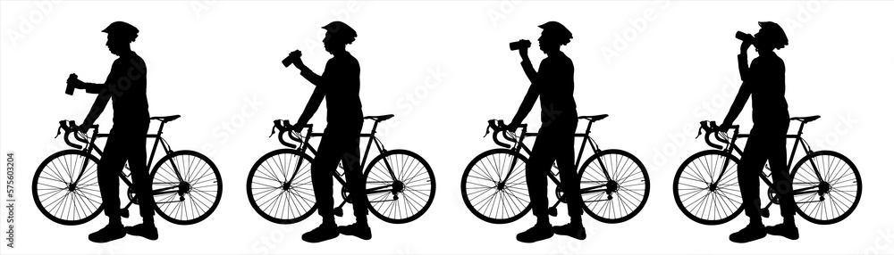 Fototapeta premium A man with a bicycle drink from a bottle. A guy in a sports protective helmet on his head, with a backpack behind his back, with a bicycle in his hands, stopped to drink water from a bottle. Side view