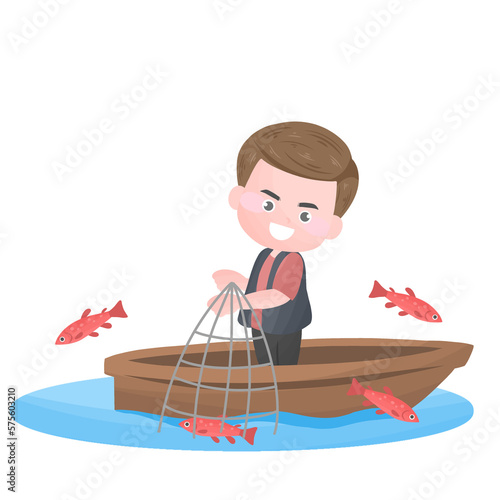 fisherman cartoon illustration, Men in boats holding net or spinning