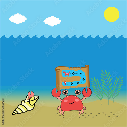 Cute Crab with a Map under the Sea Illustration