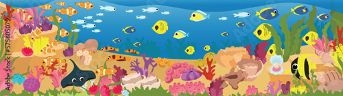 Rich underwater world and many fish, algae and plants. A sea stingray swims near the coral reef. Horizontal scene in a cartoon style.