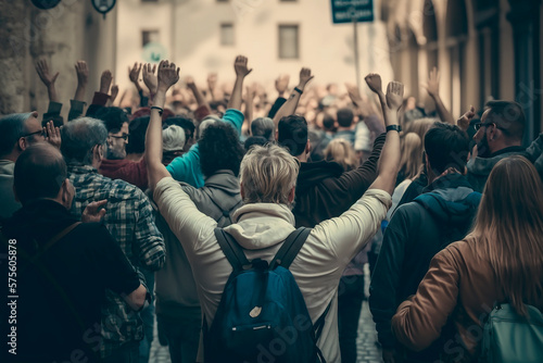 Crowd of people at a protest rally in America against the current government with their hands in the air, view from the back, peaceful march of the country's for freedom and democracy. Generative AI © VICHIZH