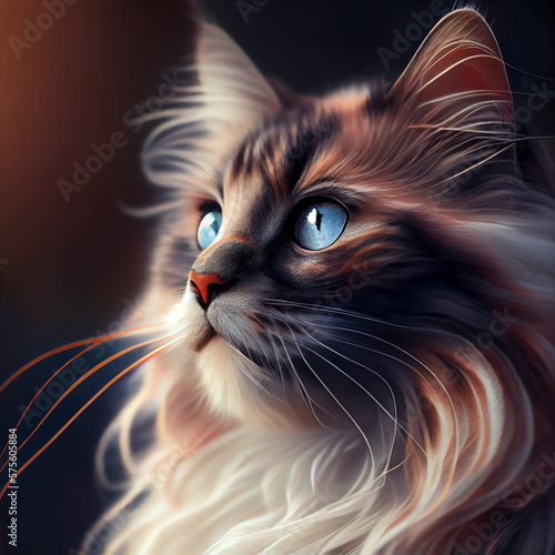 A painting of a cat with long whiskers and a black background Generative ai photo
