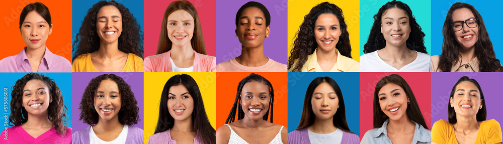 Happy Females. Set Of Smiling Faces Of Diverse Women Over Colorful Backgrounds Happy Females. Set Of Smiling Faces Of Diverse Women Over Colorful Backgrounds