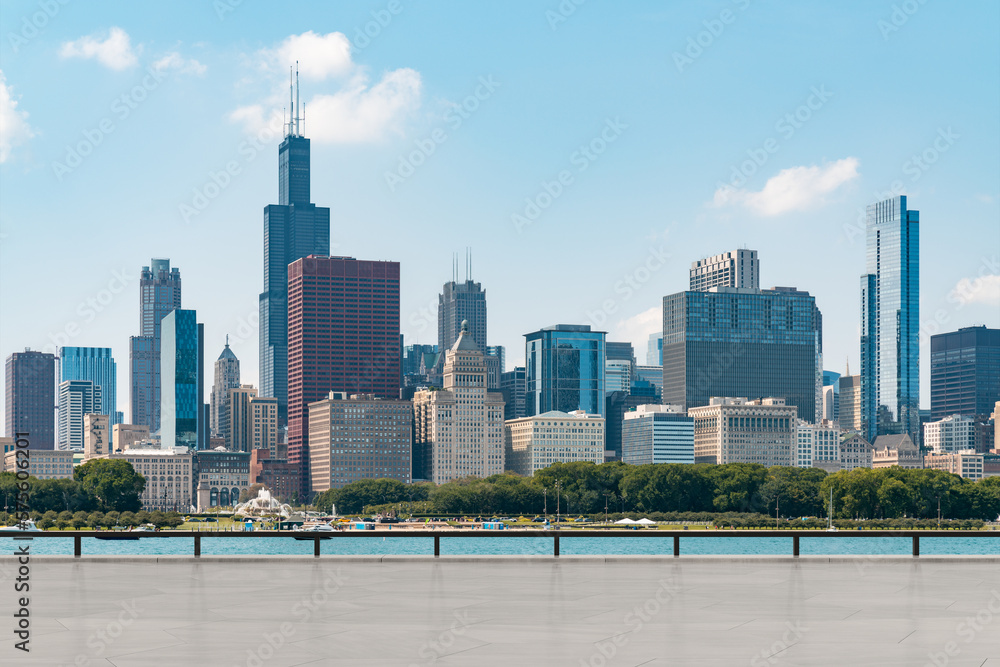 Naklejka premium Skyscrapers Cityscape Downtown, Chicago Skyline Buildings. Beautiful Real Estate. Day time. Empty rooftop View. Success concept.