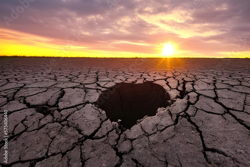 Fotografia hole in dry cracked land during sunset. generative ai