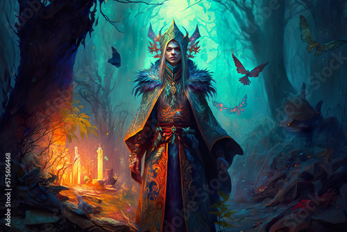 Canvastavla High-fantasy elf with flowing robes and pointed ears standing tall
