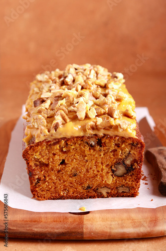 cake with caramel and walnut topping