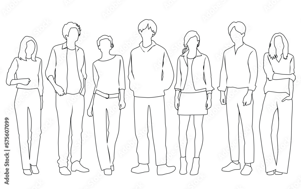 Vector silhouettes of men and a women, a group of standing business people, linear sketch, black and white color isolated on white background Vector silhouettes of men and a women, a group of standing business people, linear sketch, black and white color isolated on white background