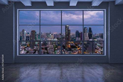 Empty room Interior Skyscrapers View Bangkok. Downtown City Skyline Buildings from High Rise Window. Beautiful Expensive Real Estate overlooking. Night time. 3d rendering.