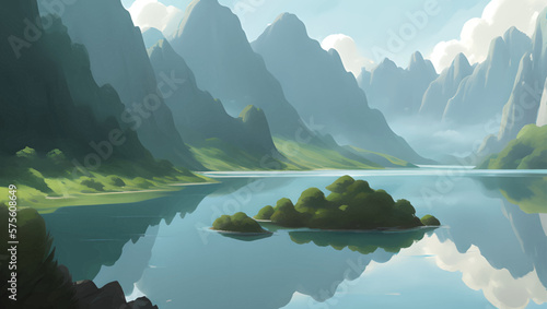 Beautiful Lake Surrounded with Snowy Mountains and Hills Scenery Detailed Hand Drawn Painting Illustration