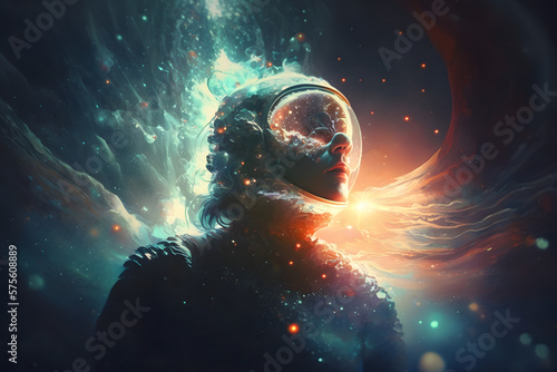 Girl floating in the cosmic ocean the sense of memory dominates, made with Generative AI photo