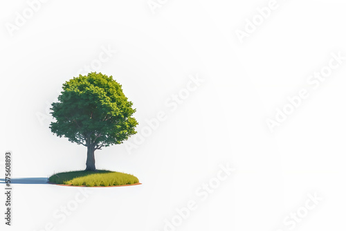 Isolated tree on grass against a empty white background with space for text. Generative AI.