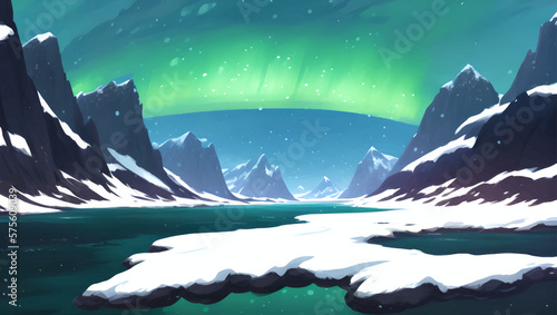 Snowy Mountains and Hill Scenery During The Night with Beautiful Glowing Aurora Lights Detailed Hand Drawn Painting Illustration