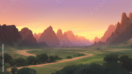 Beautiful Nature Mountains Scenery During Sunset or Sunrise Detailed Hand Drawn Painting Illustration