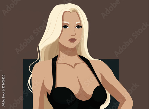 Beautiful blonde girl in a black dress.
2d illustration, Flat vector. EPS 10. 