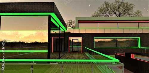 Green and red combined illumination at night. Glowing frame door at the end of the decked terrace with glass fence of the upscale country mansion.