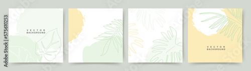 Green minimal square backgrounds with leaves. Tropical leaf in trendy line style.Editable simple floral vector template for poster, invitation, social media post, cover, card, banner, mobile apps, web