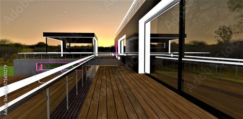 Fototapeta Naklejka Na Ścianę i Meble -  Night view of the stylish decked balcony fenced with glass panels and glowing rails. Large sliding mirrored door reflecting the dark suburban environment. 3d rendering.