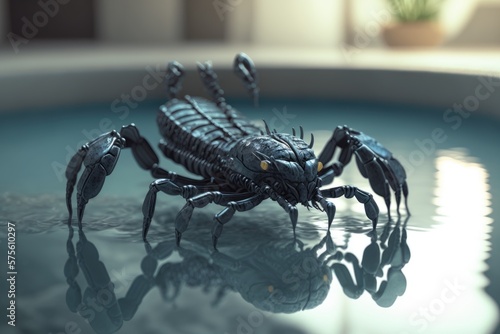 Dangerous Black Scorpion crawling on the Surface of The Water Generative AI