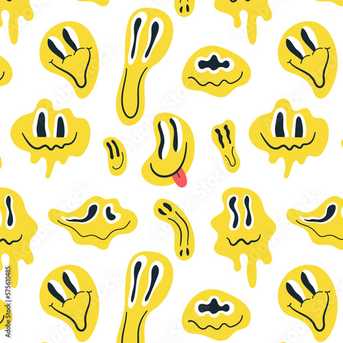 Psychedelic yellow melting smiles seamless pattern. Funny unreal emoticons faces. Trippy vector design. Cartoon retro print for clothes, fabric, paper, cover, interior decor.