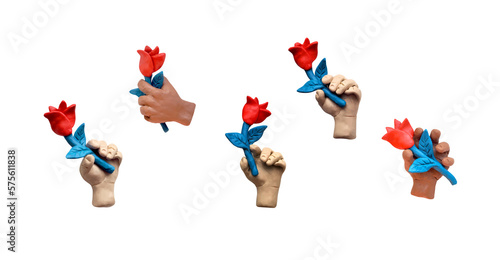 Realistic 3d objects - different hands hold a flower. Made from plasticine.