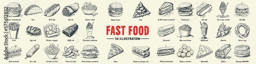 Tela Fast food set hand drawn vector illustration