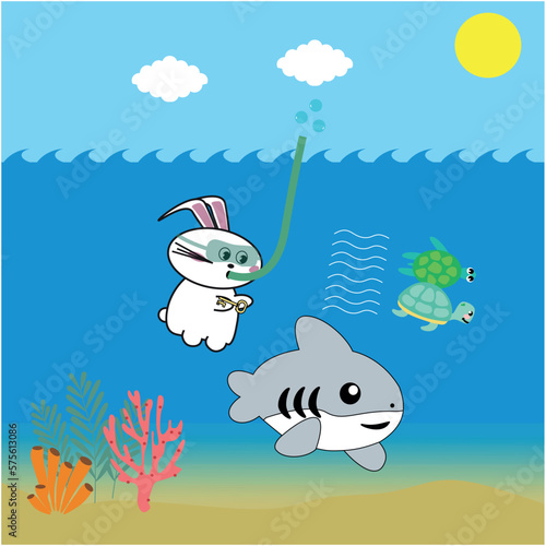 Nice Shark Turtles and Bunny Under the Sea Illustration Detail