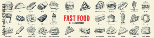 Leinwand Poster Fast food set hand drawn vector illustration