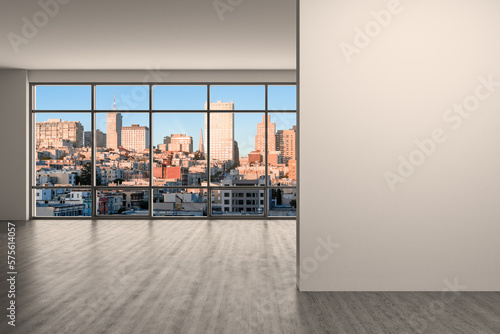 Downtown San Francisco City Skyline Buildings from High Rise Window. Beautiful Expensive Real Estate. Empty room Interior. Mockup wall. Skyscrapers Cityscape. Sunset California. 3d rendering